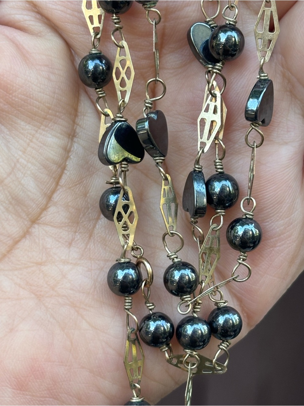 Vintage 12k Gold Filled Hematite Heart Long Beaded Necklace 27.5” Gift for Her